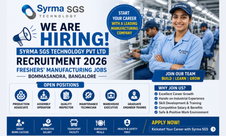 Syrma SGS Technology Pvt Ltd Recruitment 2026 featured image showing freshers' manufacturing jobs in Bommasandra, Bangalore and career opportunities for West Bengal candidates.