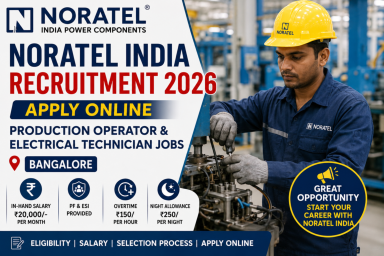 Noratel India Recruitment 2026 featured image highlighting Production Operator and Electrical Technician jobs in Bangalore. Check eligibility, in-hand salary of ₹20,000 per month, PF & ESI benefits, overtime pay, night allowance, and apply online details.