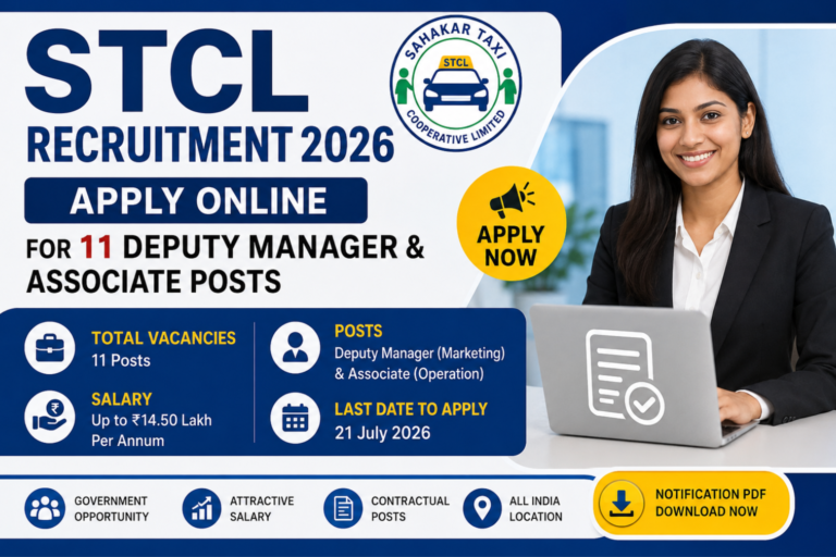 STCL Recruitment 2026 notification for 11 Deputy Manager (Marketing) and Associate (Operation) posts with eligibility, salary, last date, and application details.