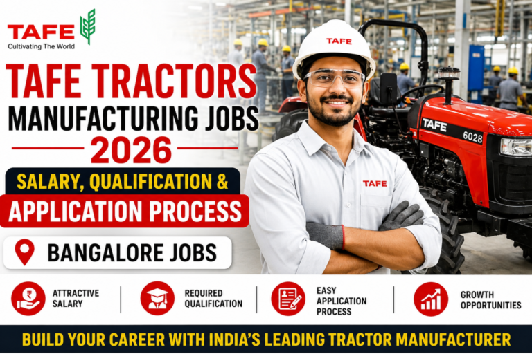 TAFE Tractors Manufacturing Jobs 2026 recruitment banner showing manufacturing career opportunities in Bangalore with salary, qualification, and application process.