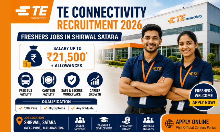 TE Connectivity Recruitment 2026 featured image showing freshers' manufacturing jobs in Shirwal, Satara, Maharashtra, including production, assembly, and operator opportunities with salary and company benefits.